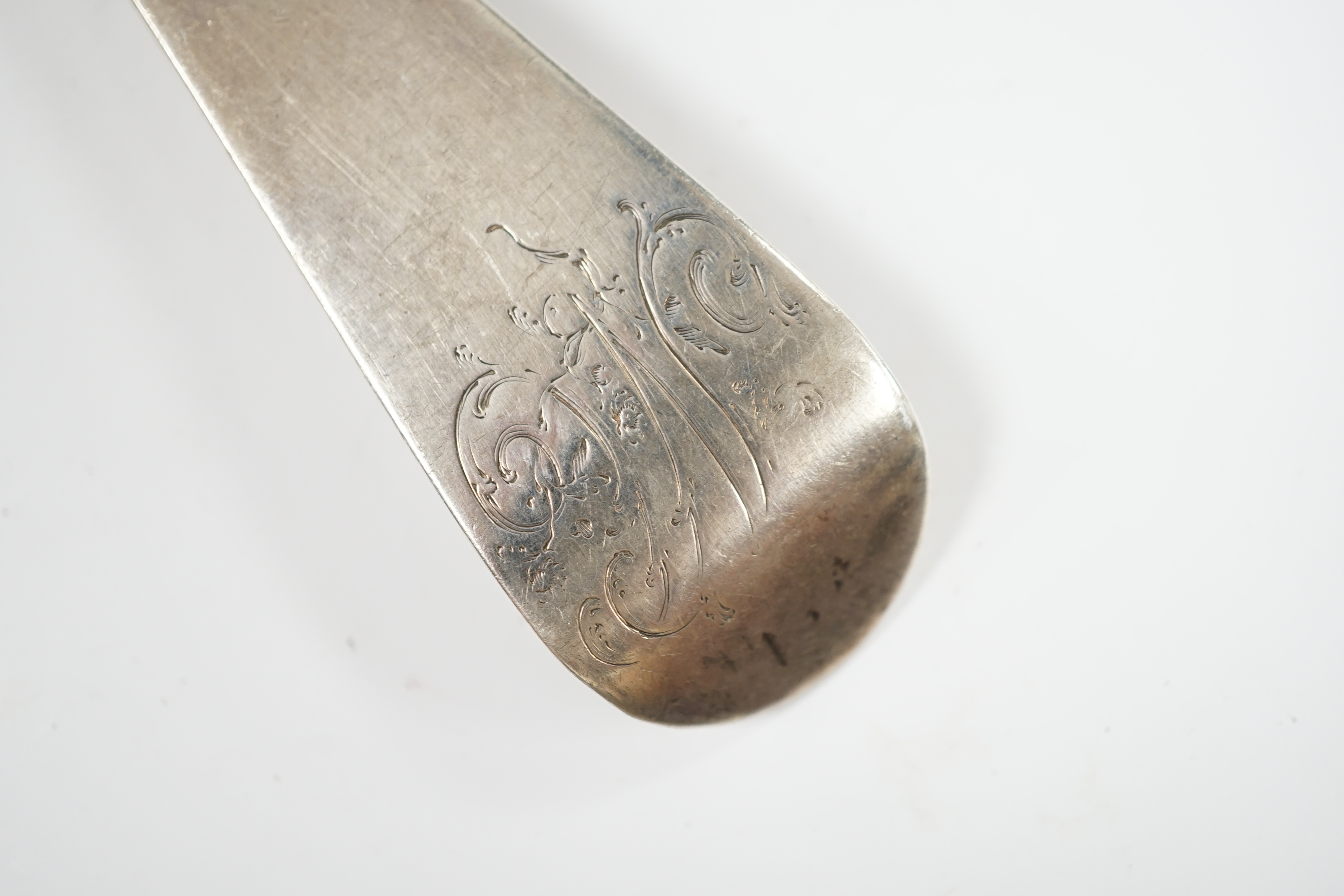 An 18th century silver soup ladle, marks rubbed, maker John Lampfert?, 31.5cm, 5.2oz. Condition - poor